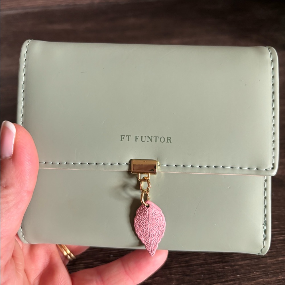 Green Wallet with Pink Leaf Charm